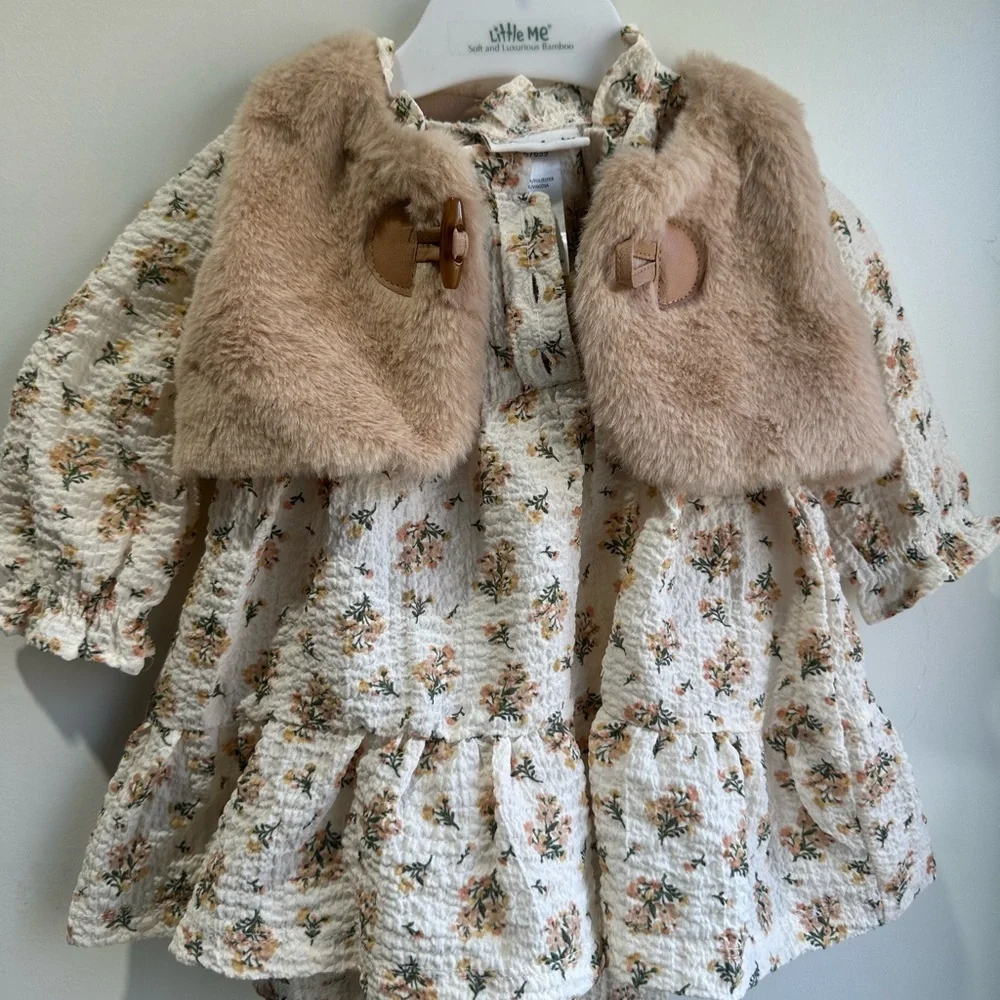 Little Me Cream Floral Dress with Tan Faux Fur Capelet